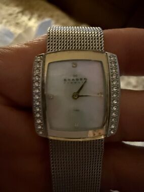 Skagen Silver Mesh Watch with Mother-of-Pearl Dial and Crystal Accents